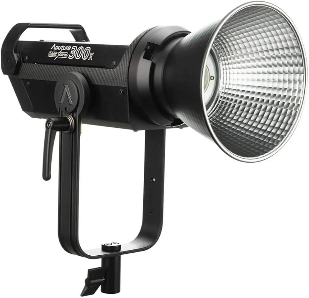 Aputure LS 300X bi-colour LED monolight with a silver reflector, mounted on a stand yoke
