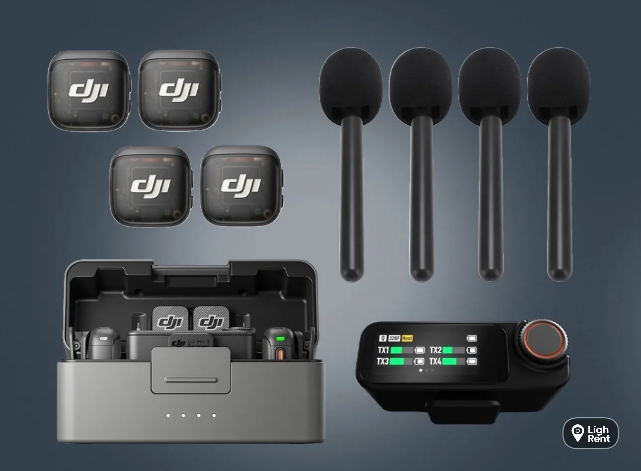 Four DJI Mic 3 transmitters with foam windshields, two receivers in a charging case and a mixer for a four-person podcast