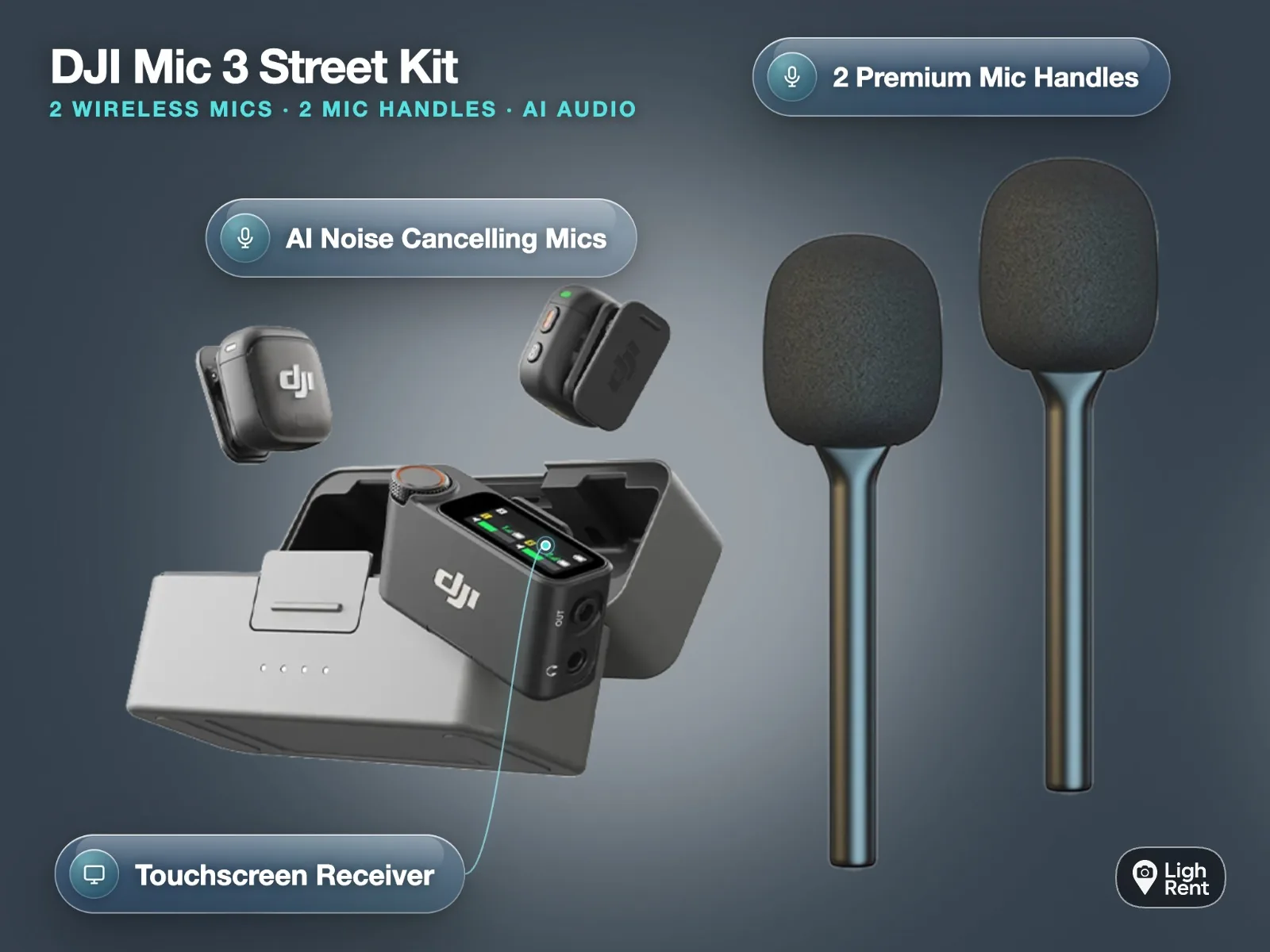 DJI Mic 3 street interview kit with two foam-covered handheld mic handles, two transmitters and a touchscreen receiver