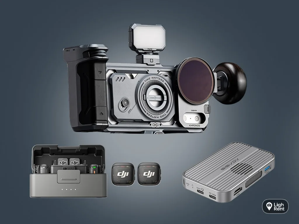 iPhone 18 Pro cinema rig with cage, cooling fan, LED light, DJI Mic 3 transmitters and a 1TB SSD laid out together