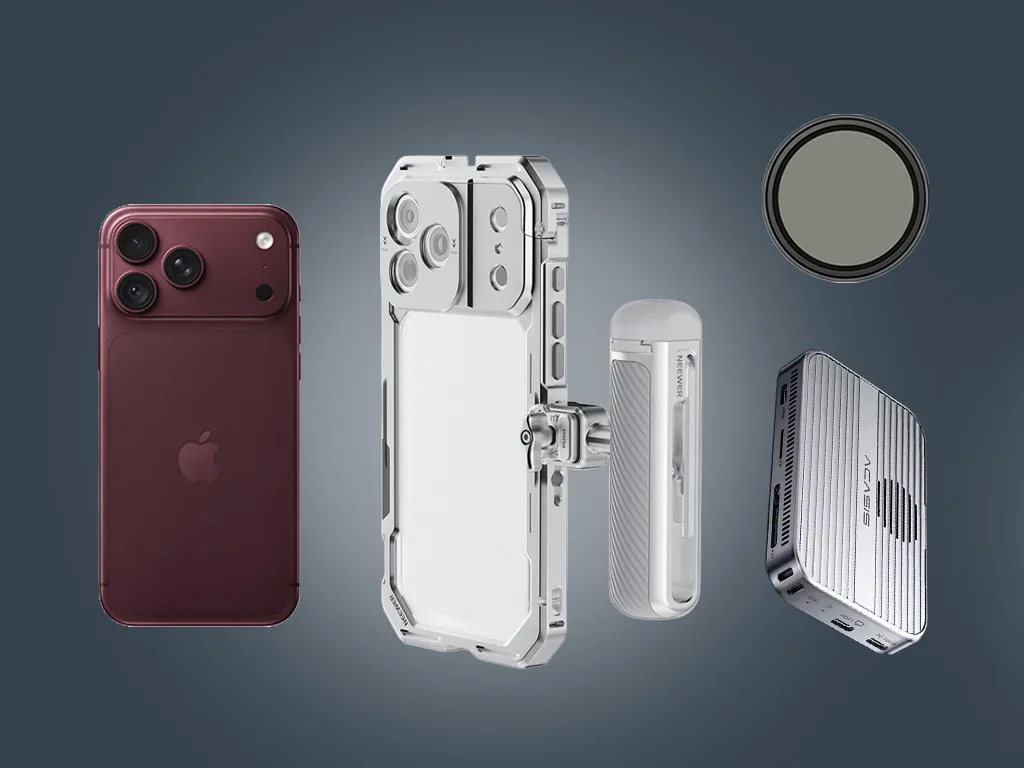 iPhone 18 Pro open gate cage rig with a clear cage, 1TB SSD, variable ND filter and a small wireless microphone