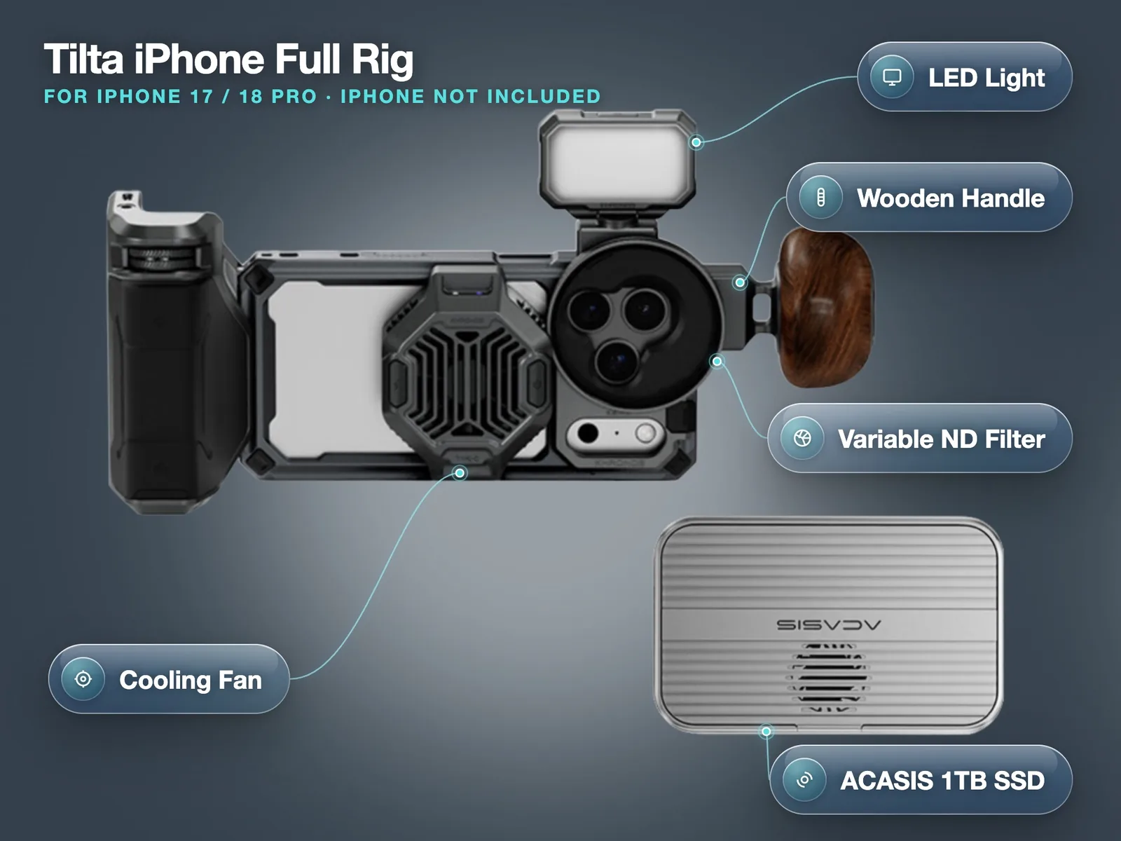 Tilta iPhone full rig with LED light, wooden handle, variable ND filter, cooling fan and an ACASIS 1TB SSD