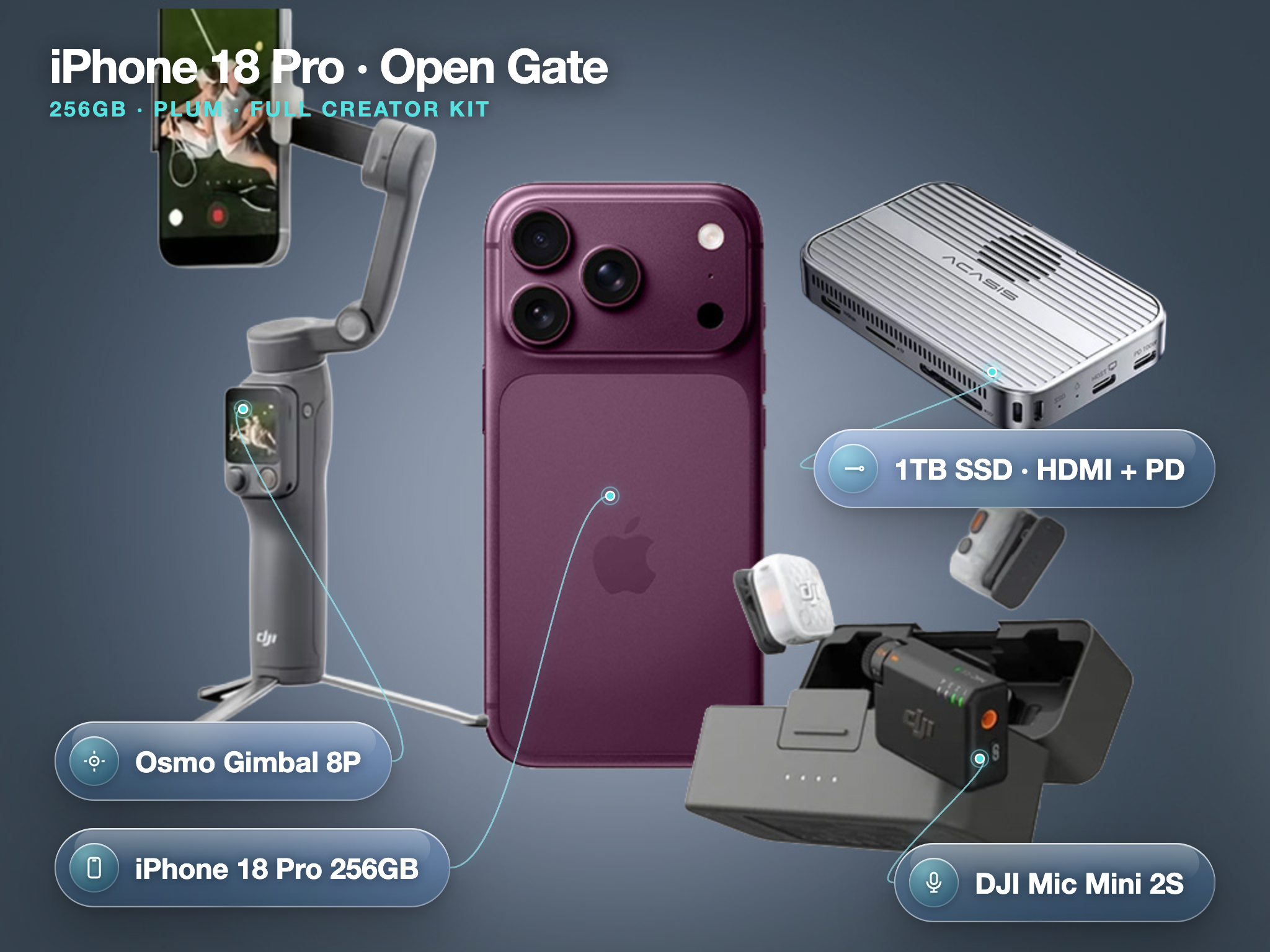 iPhone 18 Pro 256GB Plum with Open Gate Combination, DJI Mic Mini 2S, Osmo Gimbal 8P and 1TB SSD Handle