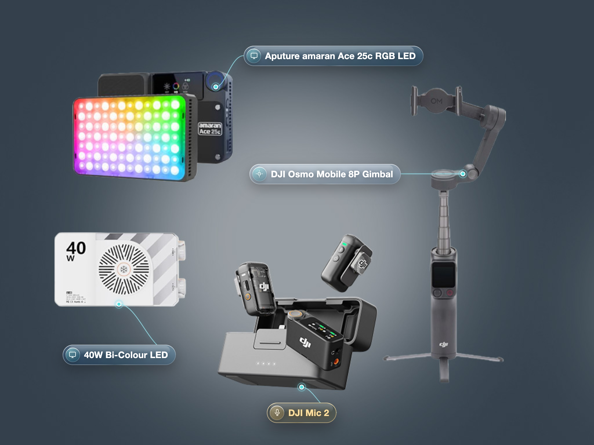 Social Media Kit: Lighting and Audio Kit, Aputure RGB LED + 40W Bi-Colour LED + DJI Osmo 8P + DJI Mic 2 + DJI Mic Mini