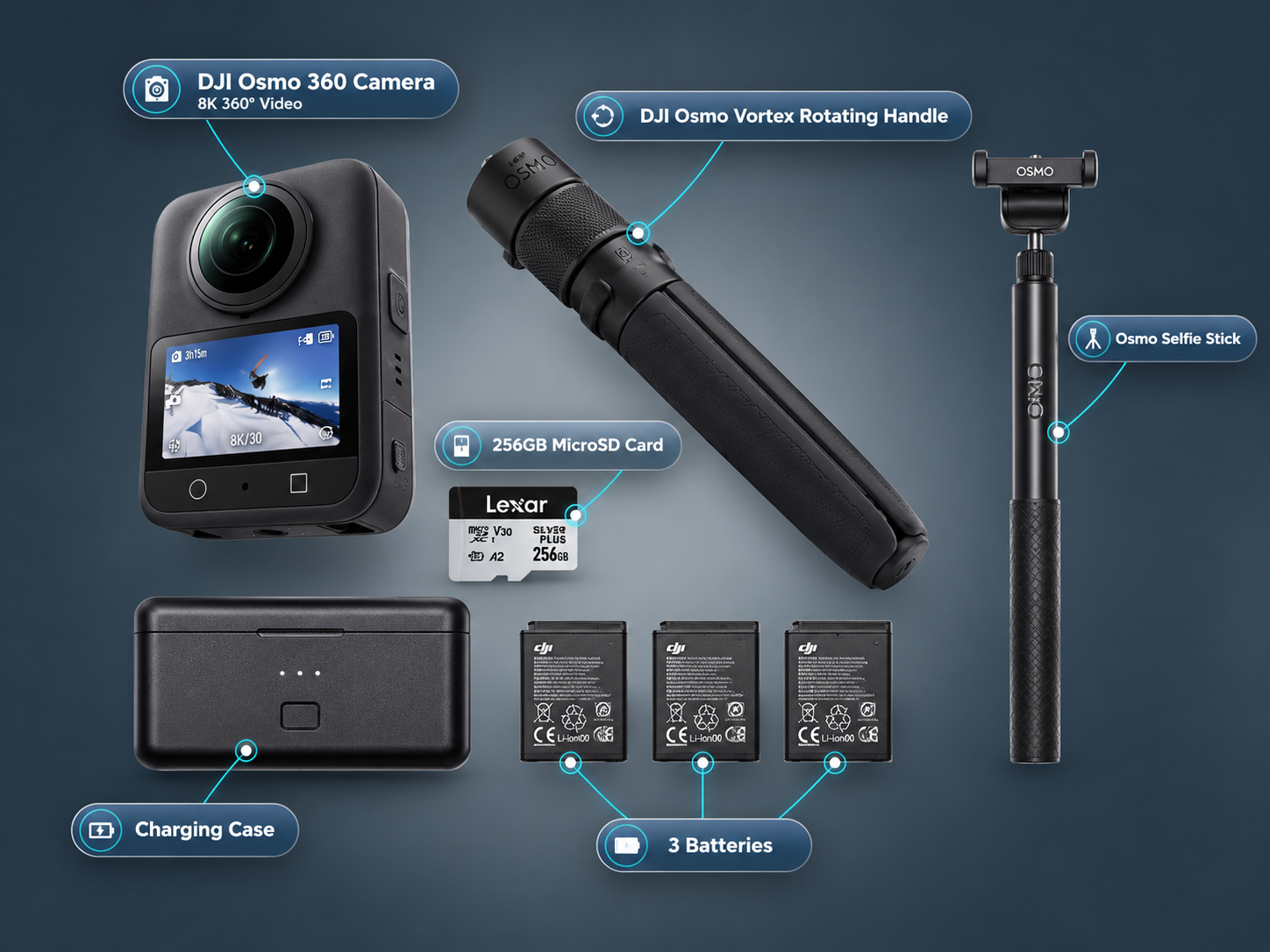 360 Camera Kit with Vortex Handle, 3 Batteries & 256GB Osmo 360