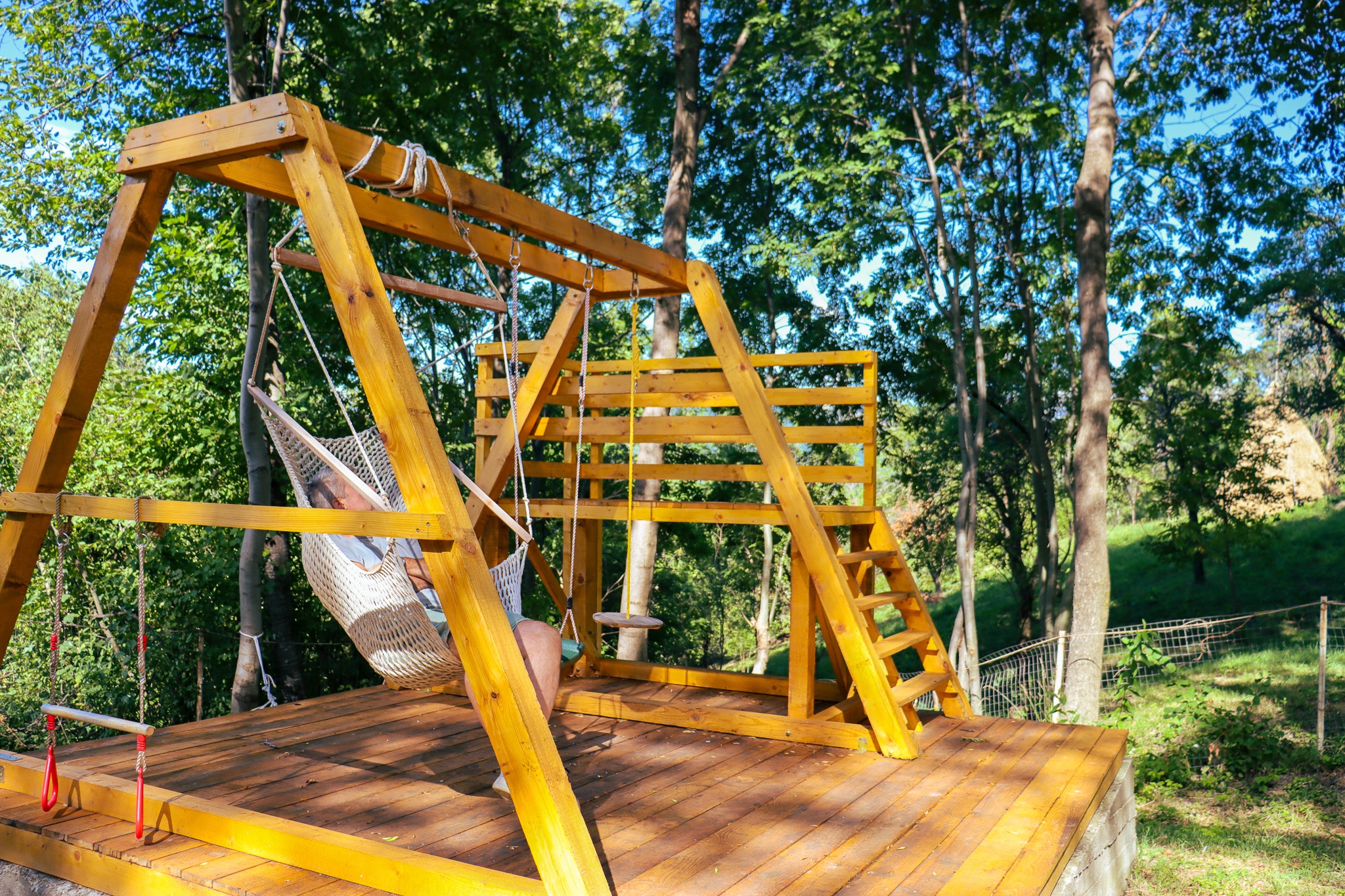 Hammock hanging between trees in the shaded garden