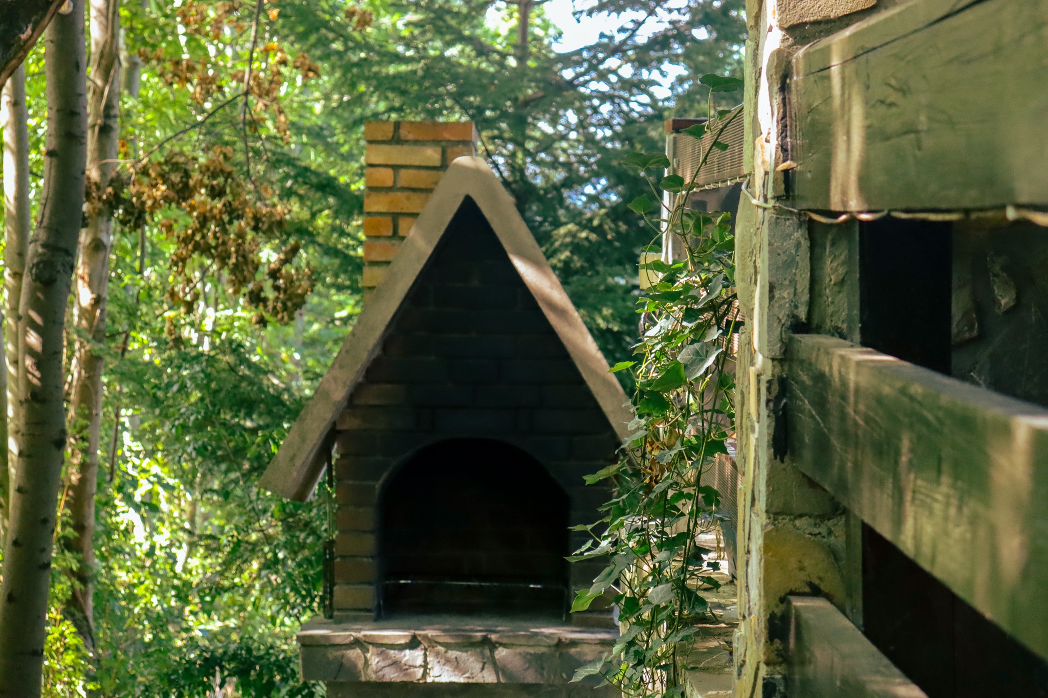 A-frame wooden cabin structure in the garden surrounded by forest