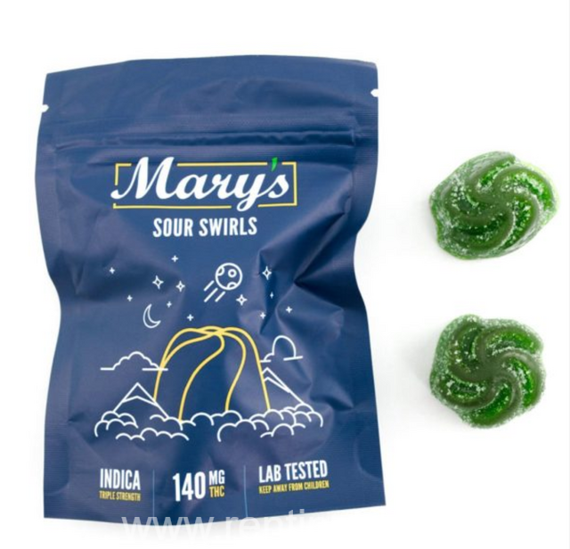 www.rentingglobal.com, renting, global, Vancouver, BC, Canada, edibles, Mary’s Medibles – Sour Swirls – Indica – 140mg