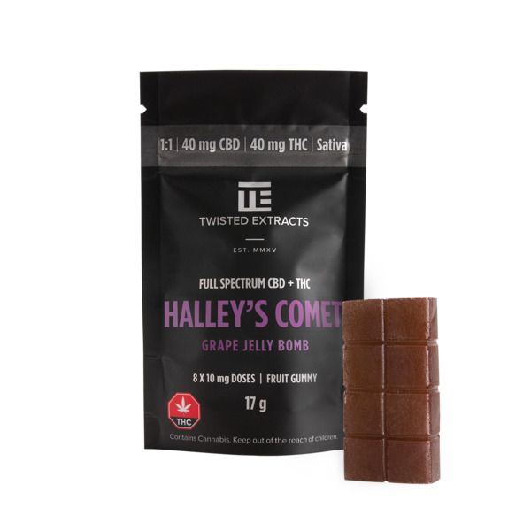 www.rentingglobal.com, renting, global, Vancouver, BC, Canada, edibles, Twisted Extracts Halleys Comet Grape 40mg THC 40mg CBD Sativa