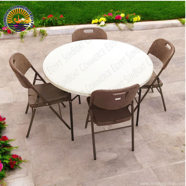 www.rentingglobal.com, renting, global, 3rd entrance، in front of Al-Huda and Al-Nur Mosque، from Skyo St, Second Al Sheikh Zayed, Giza Governorate 3245206, Egypt, rattan chairs,round table,table,chairs,folding,sunboat,outdoor,indoor,event,family,gathering,easy-to-fold,furniture,folding furniture,garden,party, SunBoat 5 pieces folding table and chairs set [120 cm round table + 4 Brown rattan chairs]