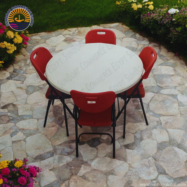 www.rentingglobal.com, renting, global, 3rd entrance، in front of Al-Huda and Al-Nur Mosque، from Skyo St, Second Al Sheikh Zayed, Giza Governorate 3245206, Egypt, chairs,table,sunboat,garden,indoor,outdoor,furniture, SunBoat 5 pieces folding table and chairs set [120 cm round table + 4 Red chairs]