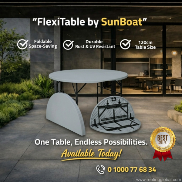 www.rentingglobal.com, renting, global, Egypt, noon,table,outdoor,sunboat,folding table,patio,furniture,space saving,outdoor dining,portable table,patio furniture, SunBoat 120cm Round FlexiTable