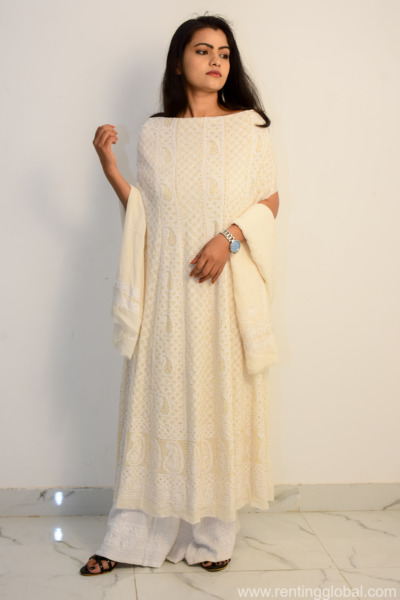 www.rentingglobal.com, renting, global, United States, chikan suit latest design, lucknowi chikankari, chikankari saree, georgette chikankari saree, georgette chikankari kurti, chikankari lehenga, aari design, traditional look in saree, BUY HAND EMBROIDERED LUCKNOWI CHIKAN CREAM UNSTITCHED AARI DESIGN KURTI 