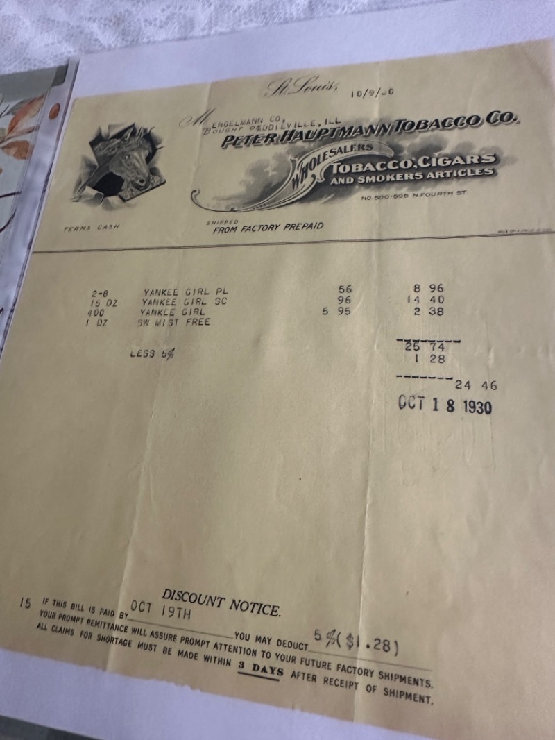 1930 Vintage Invoice from Petrikin, McIntire & Tobacco Co.