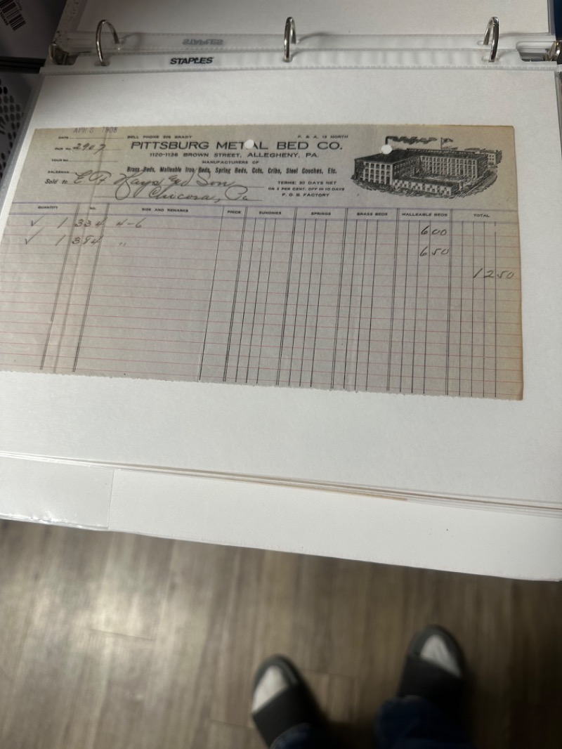 Antique Pittsburg Metal Bed Co. Invoice