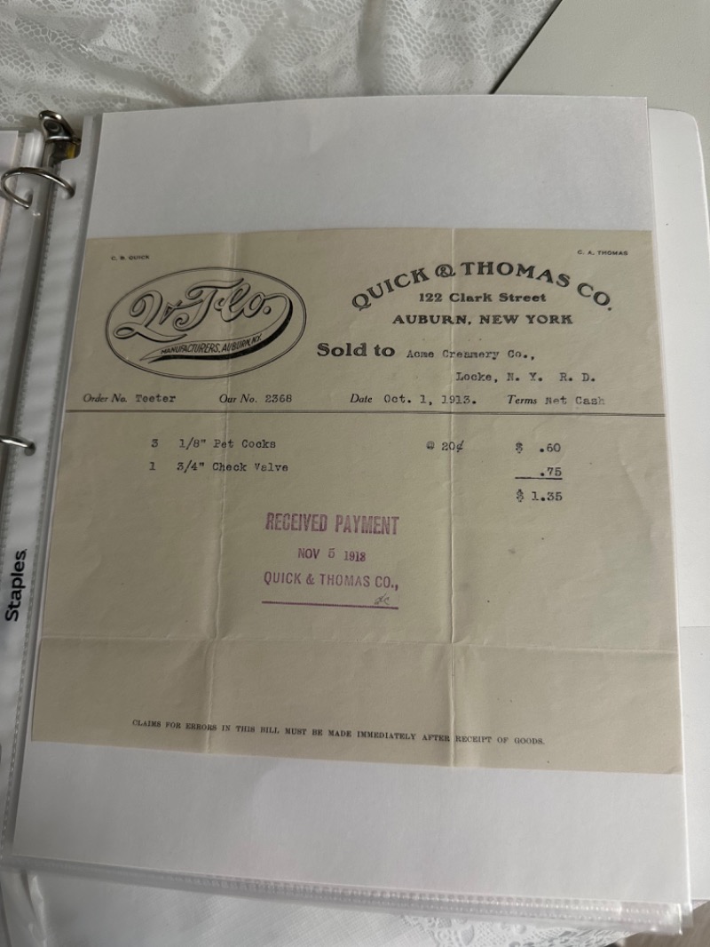 1918 Quick & Thomas Co. Invoice - Collector's Item