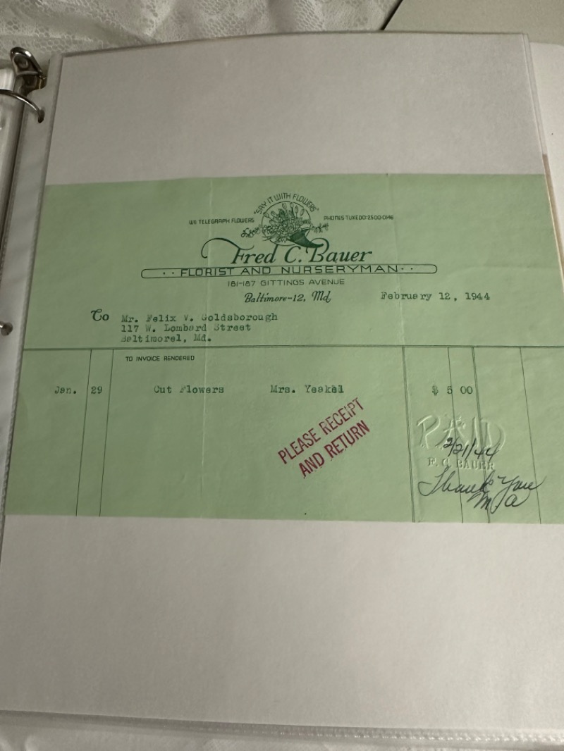 1944 Vintage Fred C. Bauer Florist Invoice
