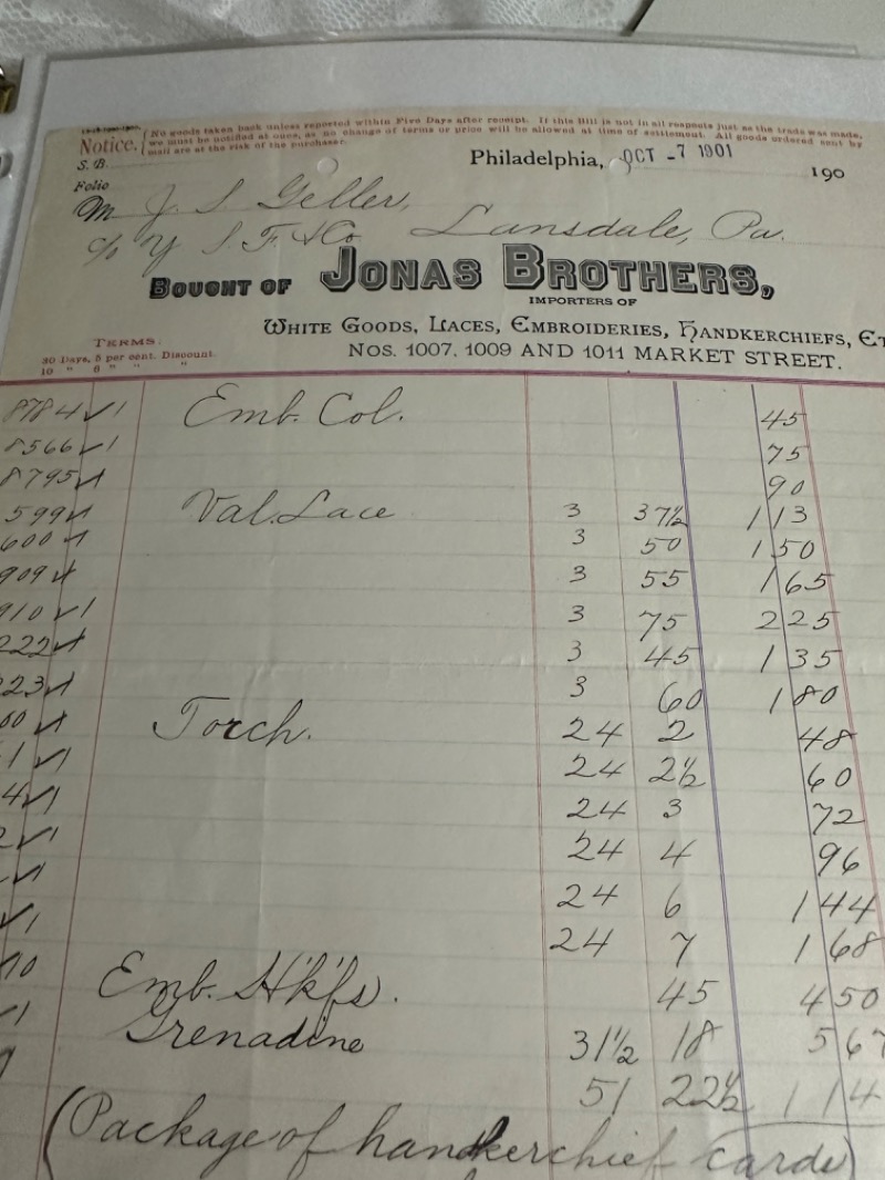 1901 Jonas Brothers Antique Invoice