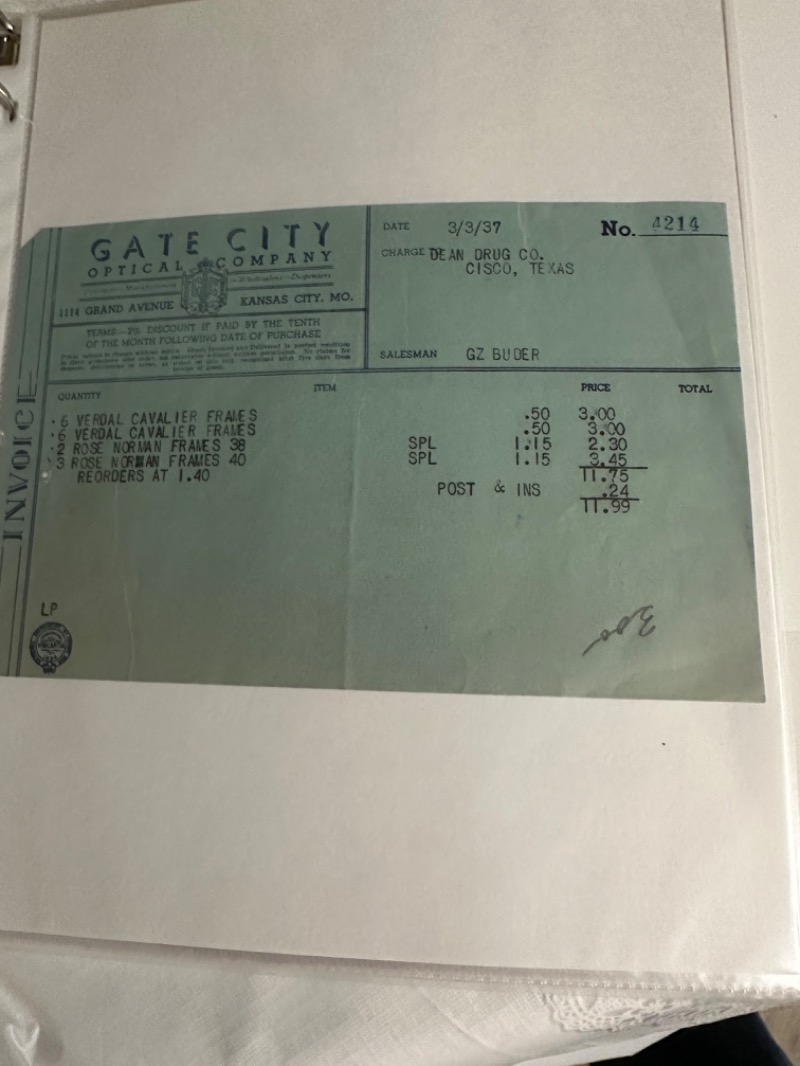 Vintage 1937 Optical Company Invoice