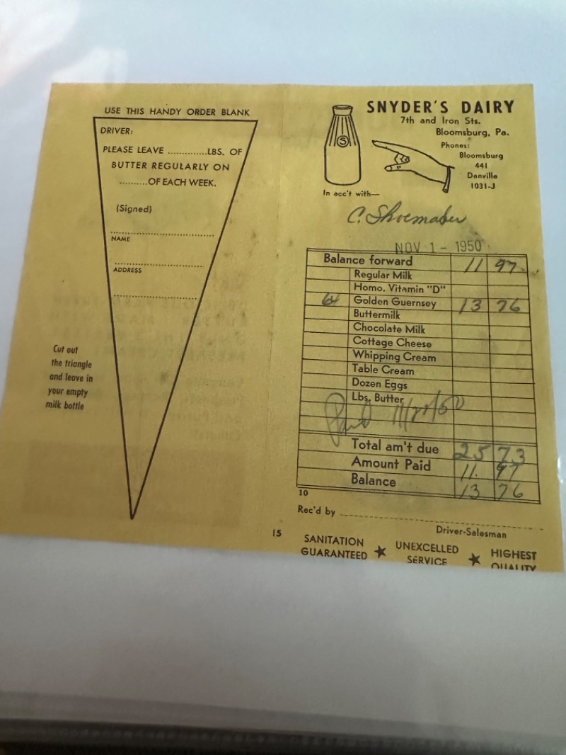 Vintage Snyder's Dairy Order Blank