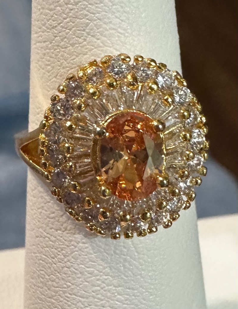Vintage Look Cocktail Ring with Orange Gemstone and Clear Halo Size 5-3/4