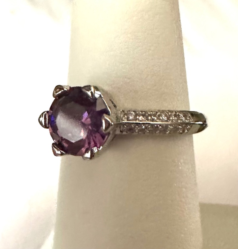 Elegant Silver Plated Ring with CZ Amethyst and CZ Diamond Accents