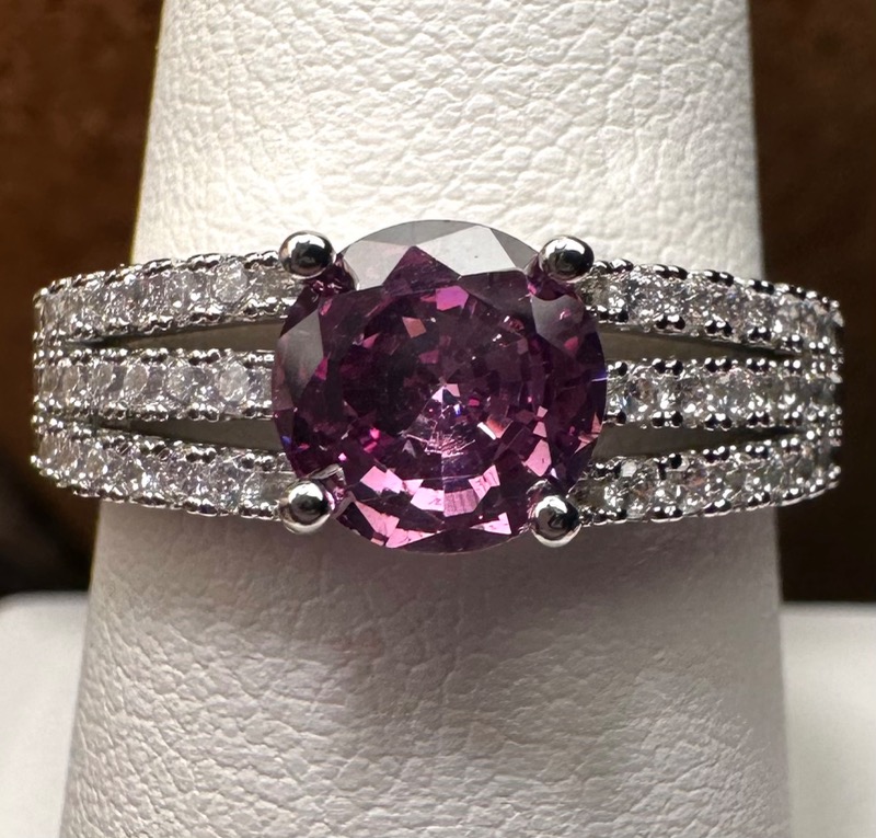 Elegant Purple CZ Gemstone Ring with Clear CZ’S Size 8-1/2