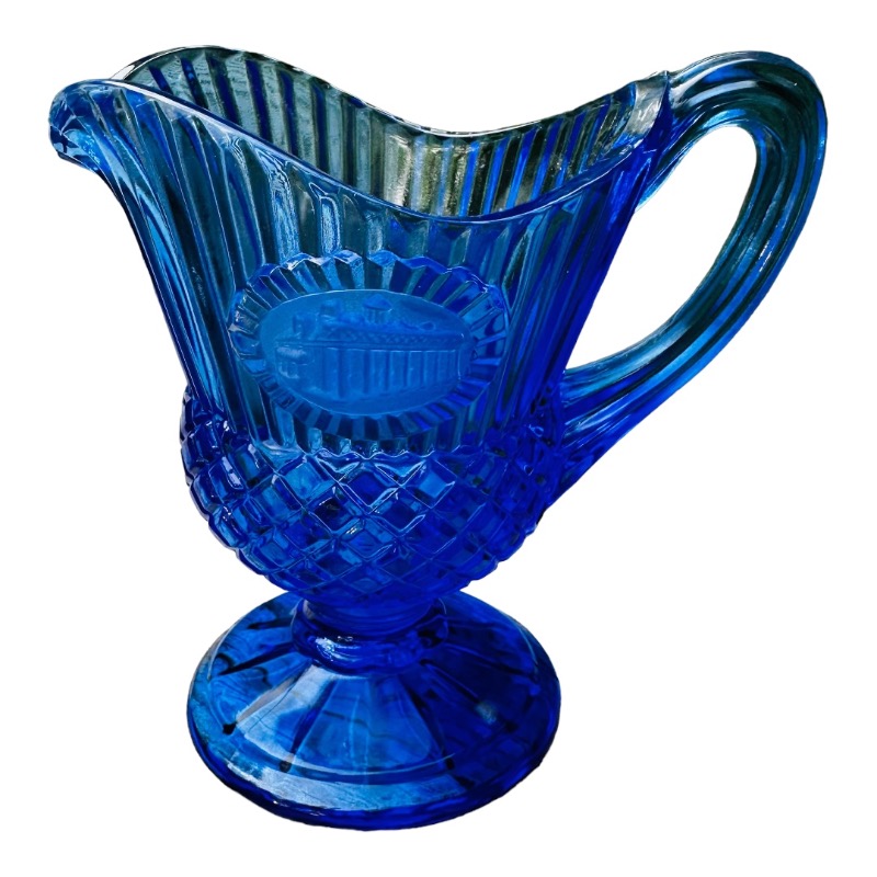 Intricately Designed Blue Glass Pitcher