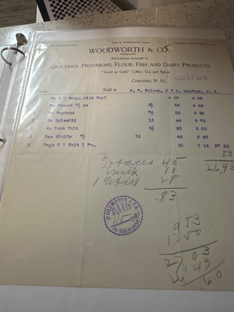 Vintage Groceries and Produce Bill - Woodworth & Co., Concord, N.H.
