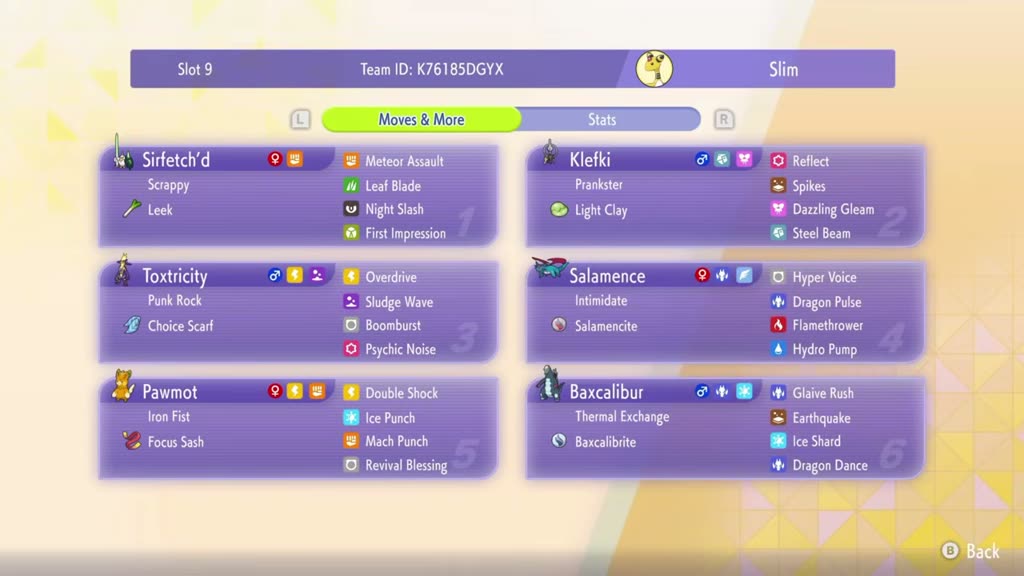 SlyceOfBryce's M-C Singles Team — Sirfetch'd / Klefki / Toxtricity / Salamence / Pawmot / Baxcalibur preview
