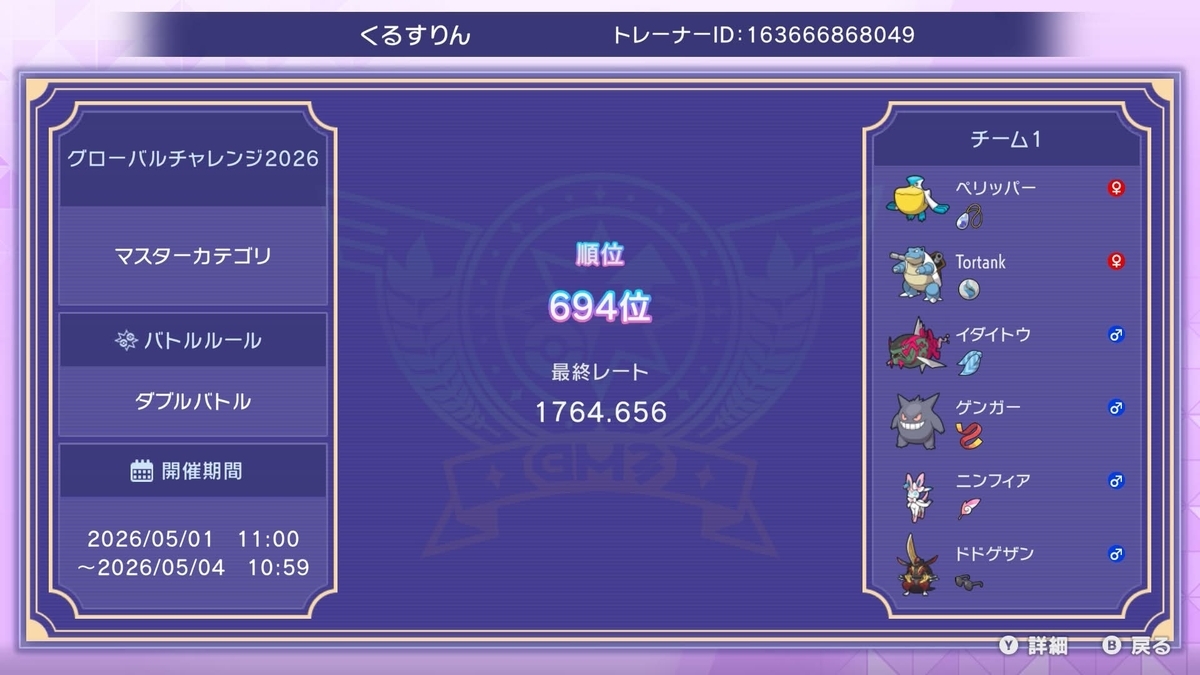 kabane_tayu's Blastoise Gengar Rain Trick Room preview