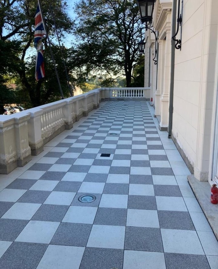 checker terrazzo pattern in Great Britain's Buenos Aires embassy