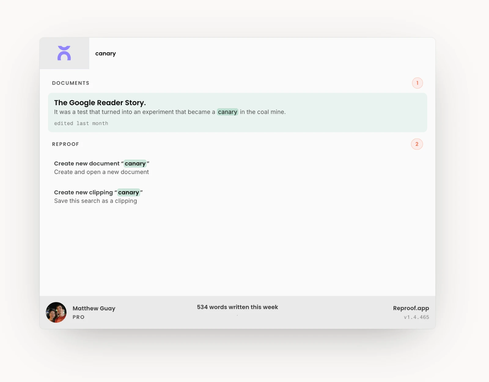 Search through Reproof documents with command palette