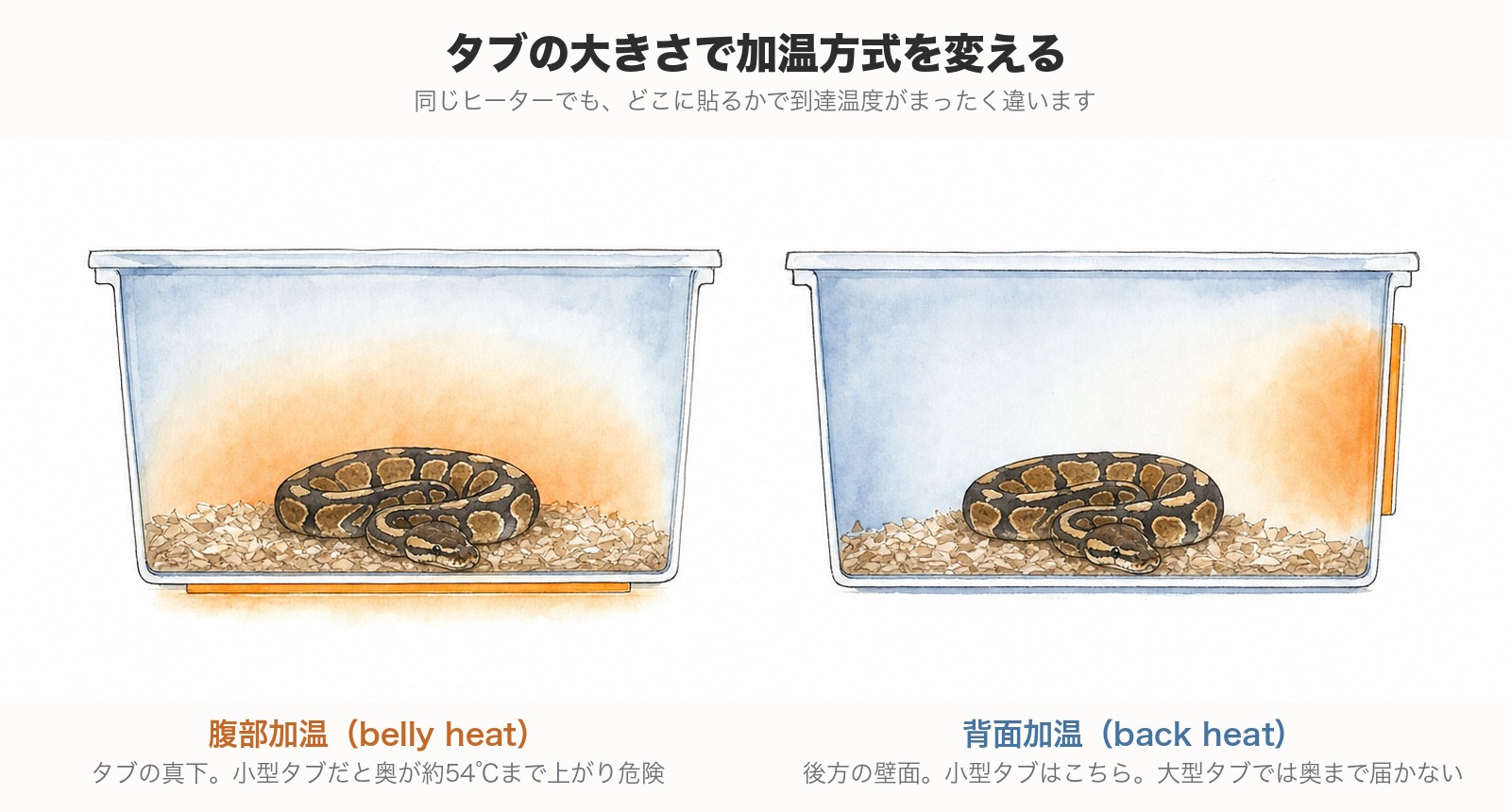 腹部加温と背面加温の違い。タブの大きさで使い分ける