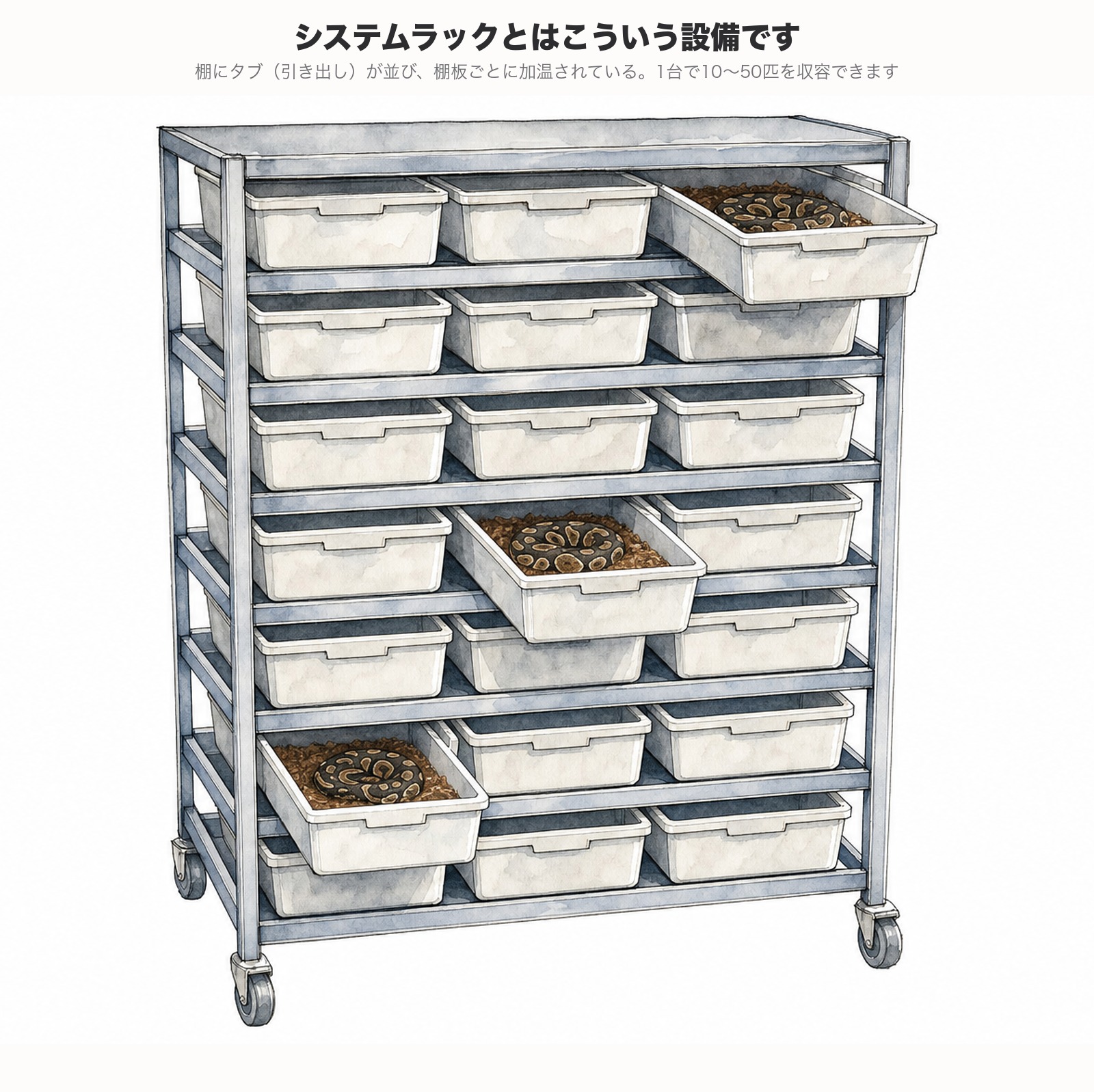 システムラックの例。棚にタブが並び、棚板ごとに加温されている