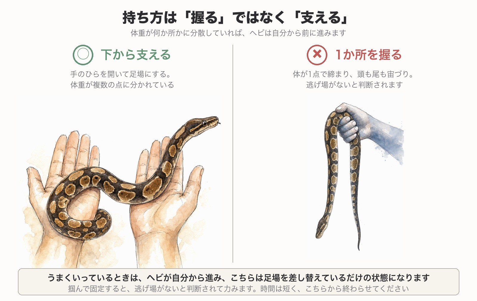 開いた両手で下から支える持ち方と、1か所を握って吊り下げる持ち方の比較