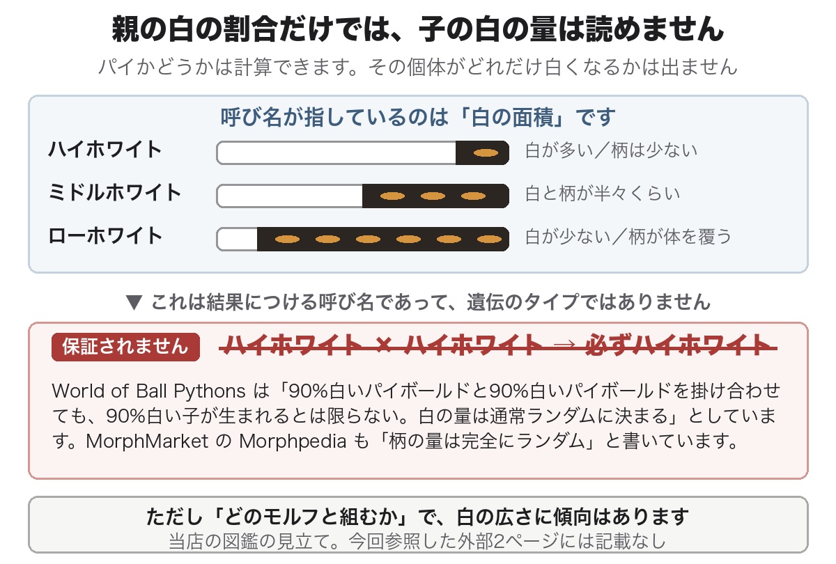 ハイホワイトのパイボールド同士を掛けても子が同じ白の量になるとは限らないこと、ハイホワイトとローホワイトはどちらも白の面積を指す呼び名であること、ただし組み合わせるモルフによって白の広さに傾向はあることを示した図