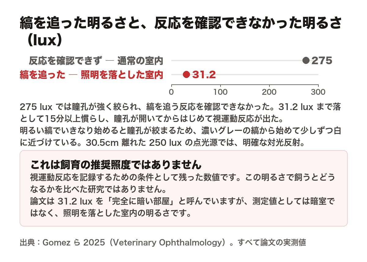 視運動反応が出た明るさを示した横棒グラフ。275 lux（論文が「通常の明るさ」とした室内）では瞳孔が強く絞られて縞を追う反応を確認できず、31.2 luxまで落として15分以上慣らすと縞を追った。軸は0から300 luxで目盛りは0・100・200・300。参考として、瞳孔の収縮を確認した点光源は30.5cm離れたところから250 lux。これは視力を測るための条件づくりの数値であり、飼育の推奨照度として検証された値ではないと注記している