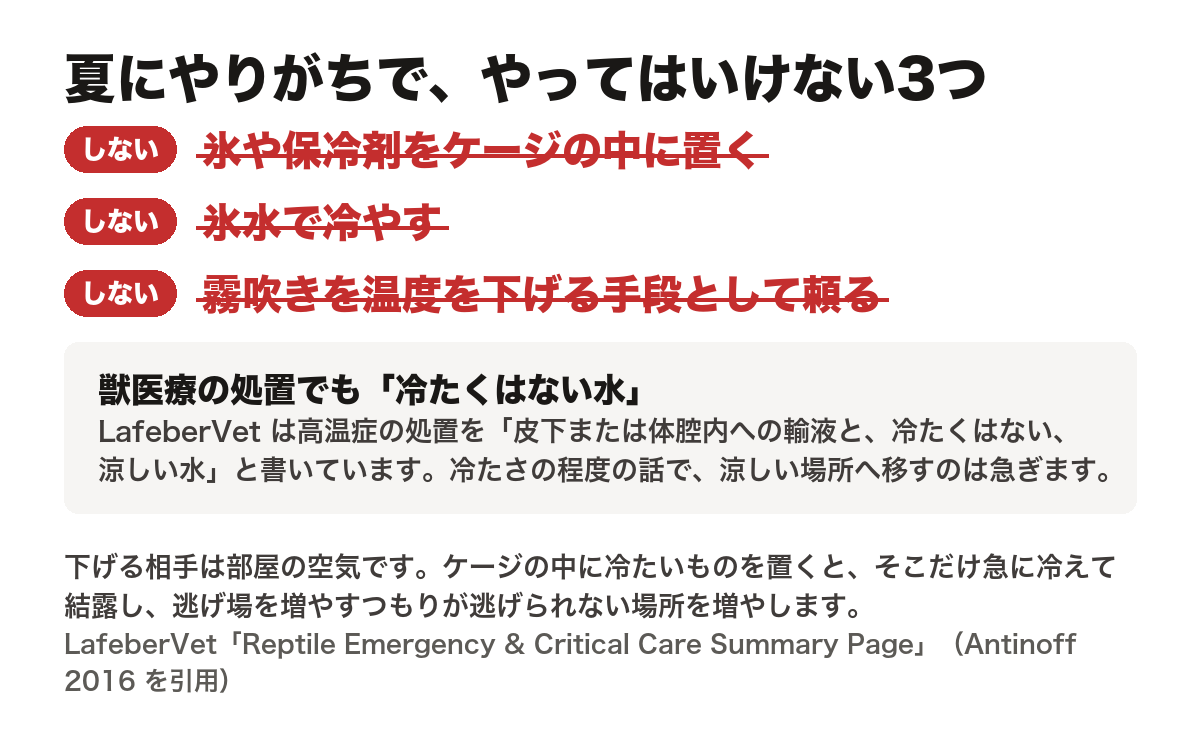夏にやってはいけない冷やし方を3つ挙げた図。氷や保冷剤をケージの中に直接置くこと、氷水で冷やすこと、霧吹きを温度を下げる手段として頼ることの3つに取り消し線が引かれている。湿度を保つための霧吹きまで禁じているわけではない。LafeberVet は高温症の処置を「皮下または体腔内への輸液と、冷たくはない、涼しい水」と書いている。冷やす速さではなく冷たさの程度の話で、涼しい場所へ移すこと自体は急ぐ。冷やす相手は部屋の空気で、ケージの中に冷たいものを置くやり方ではない。