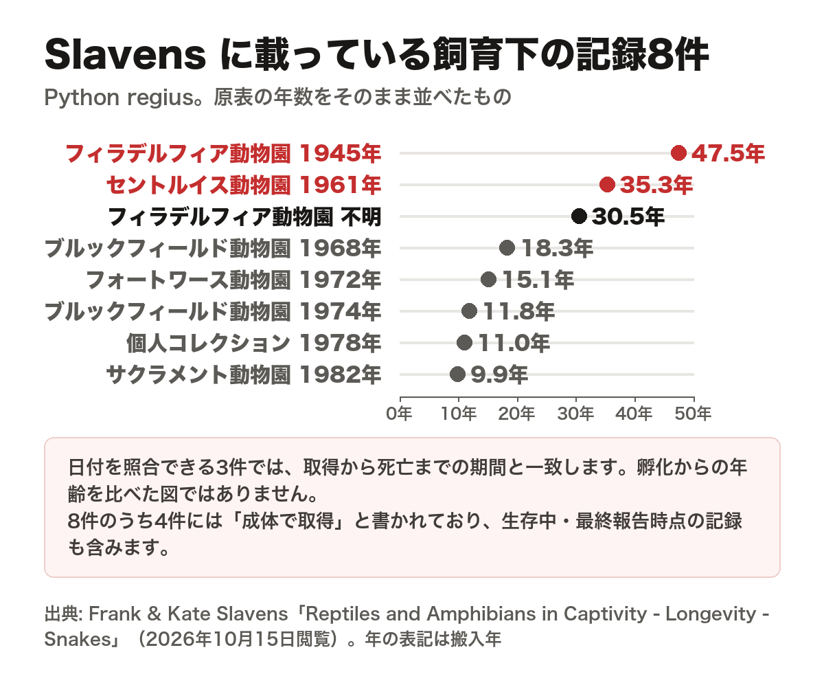 Slavens に掲載されたボールパイソンの飼育下の記録8件を、点で年数を示した図。フィラデルフィア動物園の1945年搬入個体が47.5年で最長、セントルイス動物園の1961年搬入個体が35.3年、フィラデルフィア動物園の搬入年不明の個体が30.5年、ブルックフィールド動物園の1968年搬入個体が18.3年、フォートワース動物園の1972年搬入個体が15.1年、ブルックフィールド動物園の1974年搬入個体が11.8年、個人コレクションの1978年搬入個体が11.0年、サクラメント動物園の1982年搬入個体が9.9年。図には「原表の年数をそのまま表示している。日付を照合できる3件では、取得から死亡までの期間と一致する。孵化からの年齢を比べた図ではない。8件のうち4件には成体で取得と書かれており、生存中・最終報告時点の記録も含む」という注記が入っている。