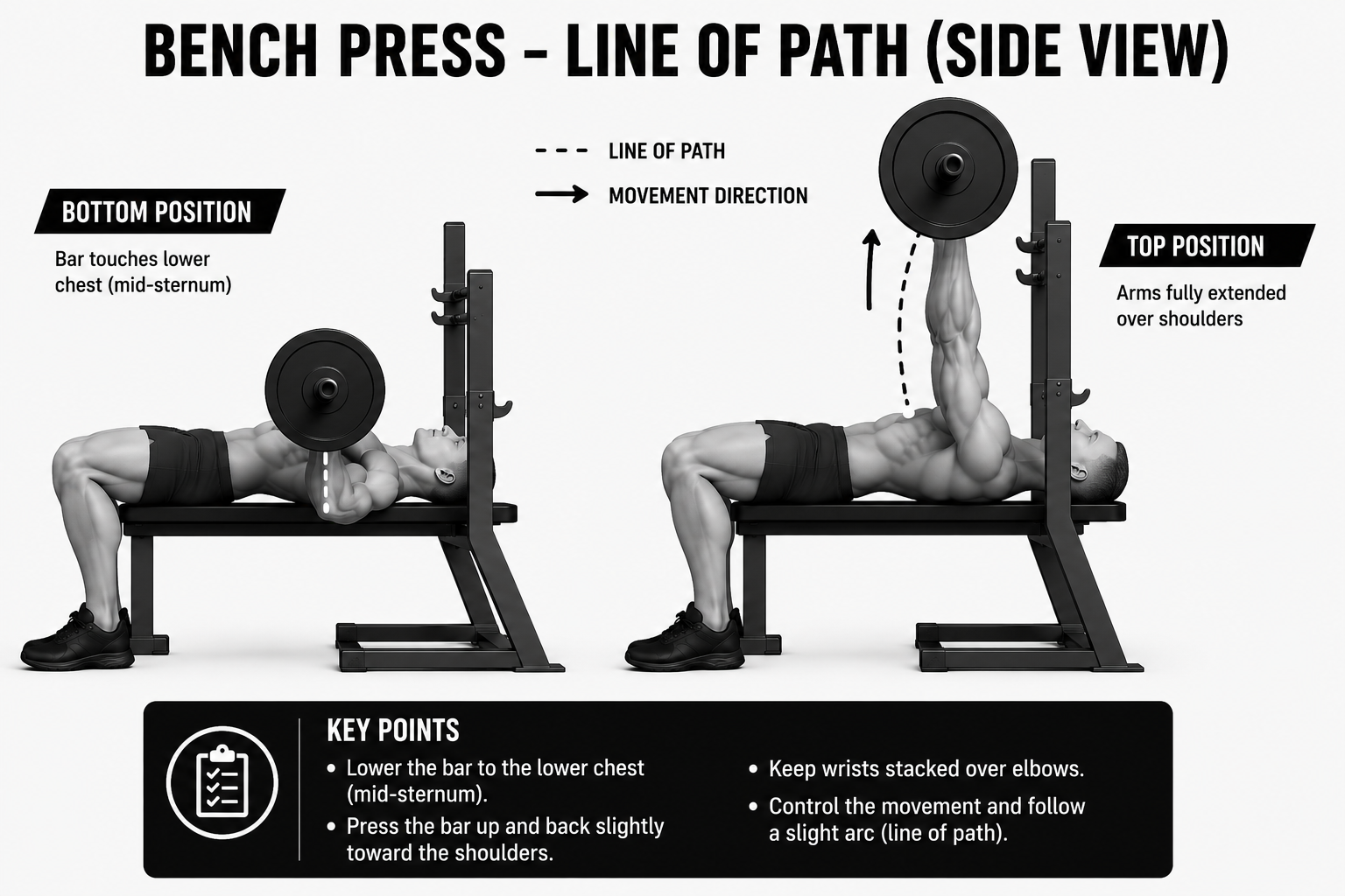 bench press side view showing bar path from chest to lockout
