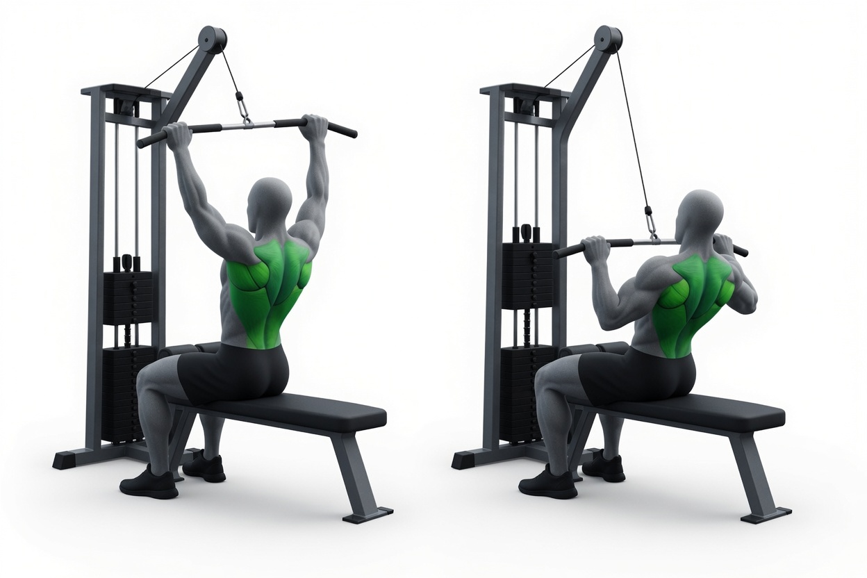 seated cable lat pulldown showing top position and bar-to-upper-chest position