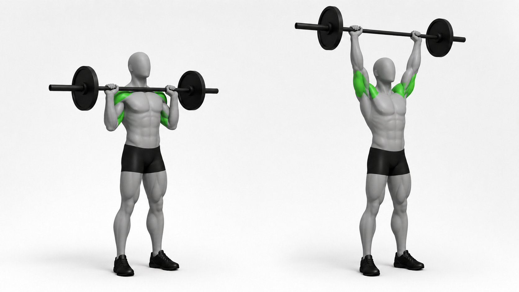 barbell overhead press exercise showing start and lockout position