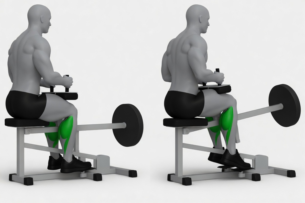 Machine seated calf raise exercise demonstration