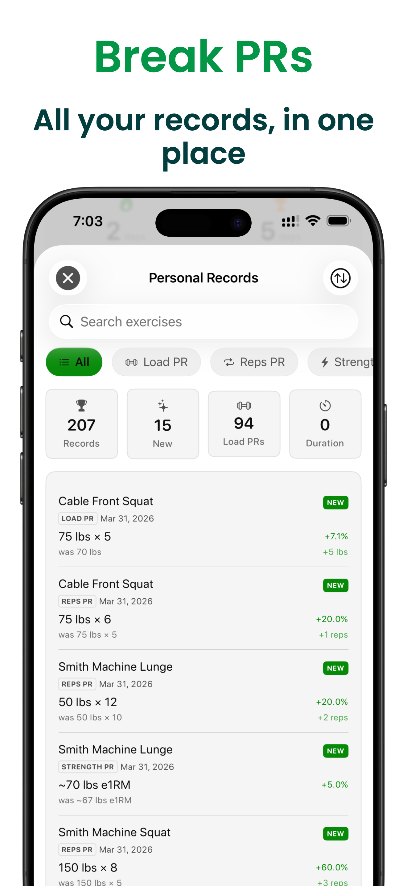 Bazu app — personal records screen showing a strength progress chart with a PR badge and five record types
