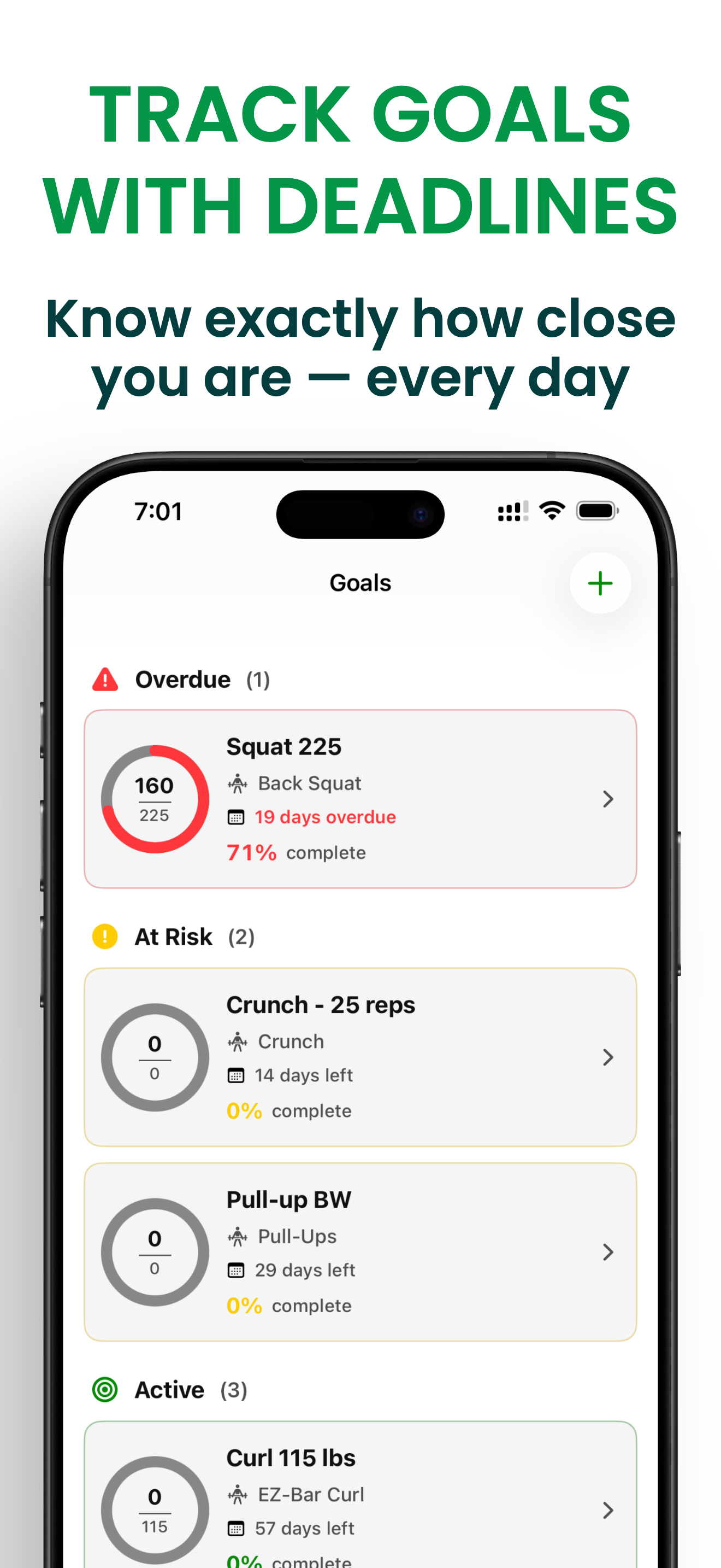 Bazu app — goals screen showing a deadlift goal with target date and current on-pace status
