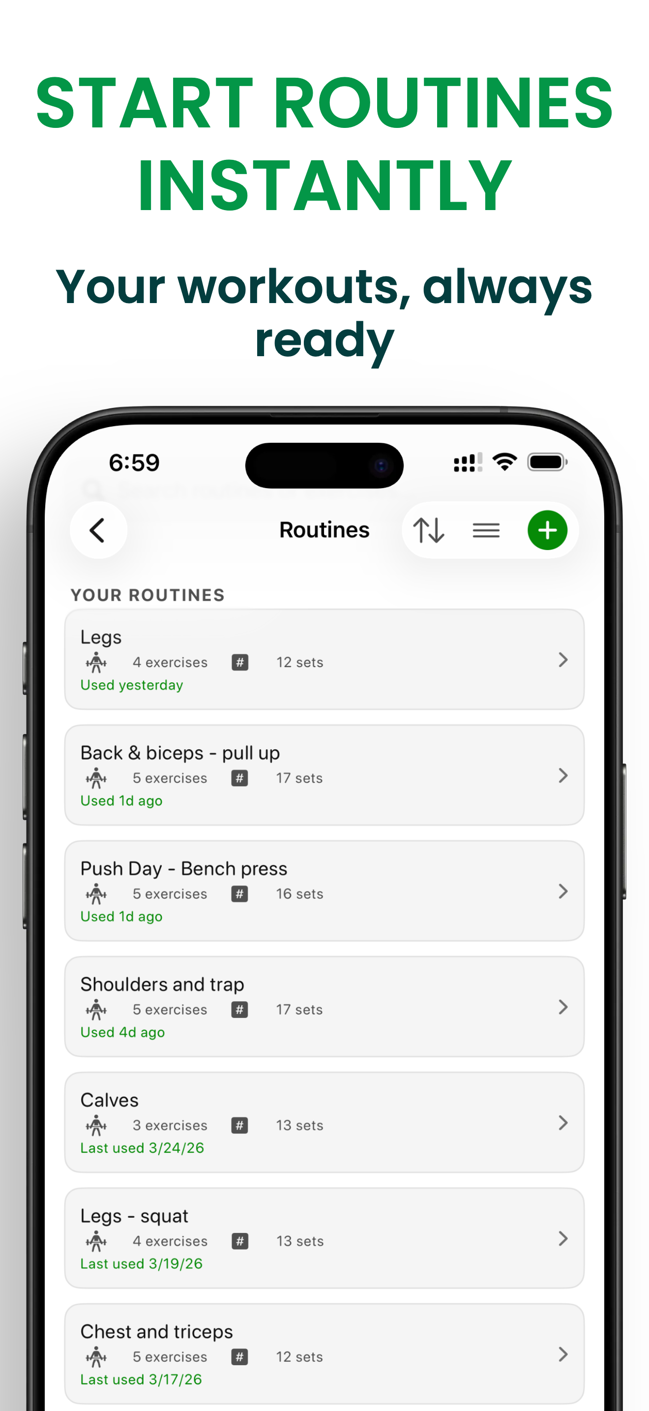 Bazu app — routines screen listing saved workout plans with exercise count and estimated duration