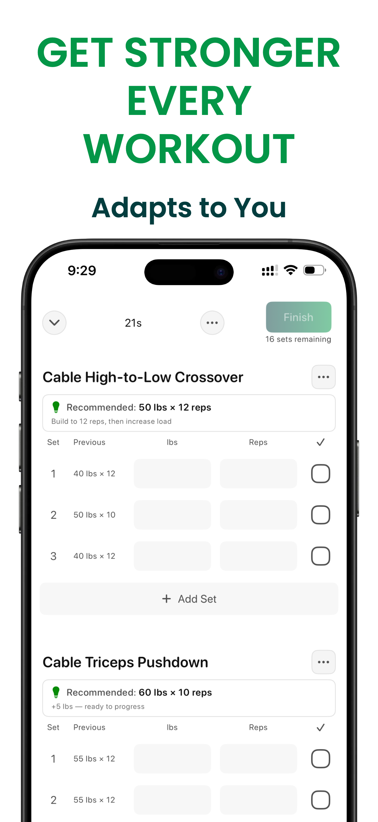 Bazu app — active workout screen showing smart weight and rep recommendations with a 'ready to progress' cue
