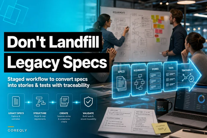 Don't landfill your legacy specs: a staged workflow to convert specs into stories and tests