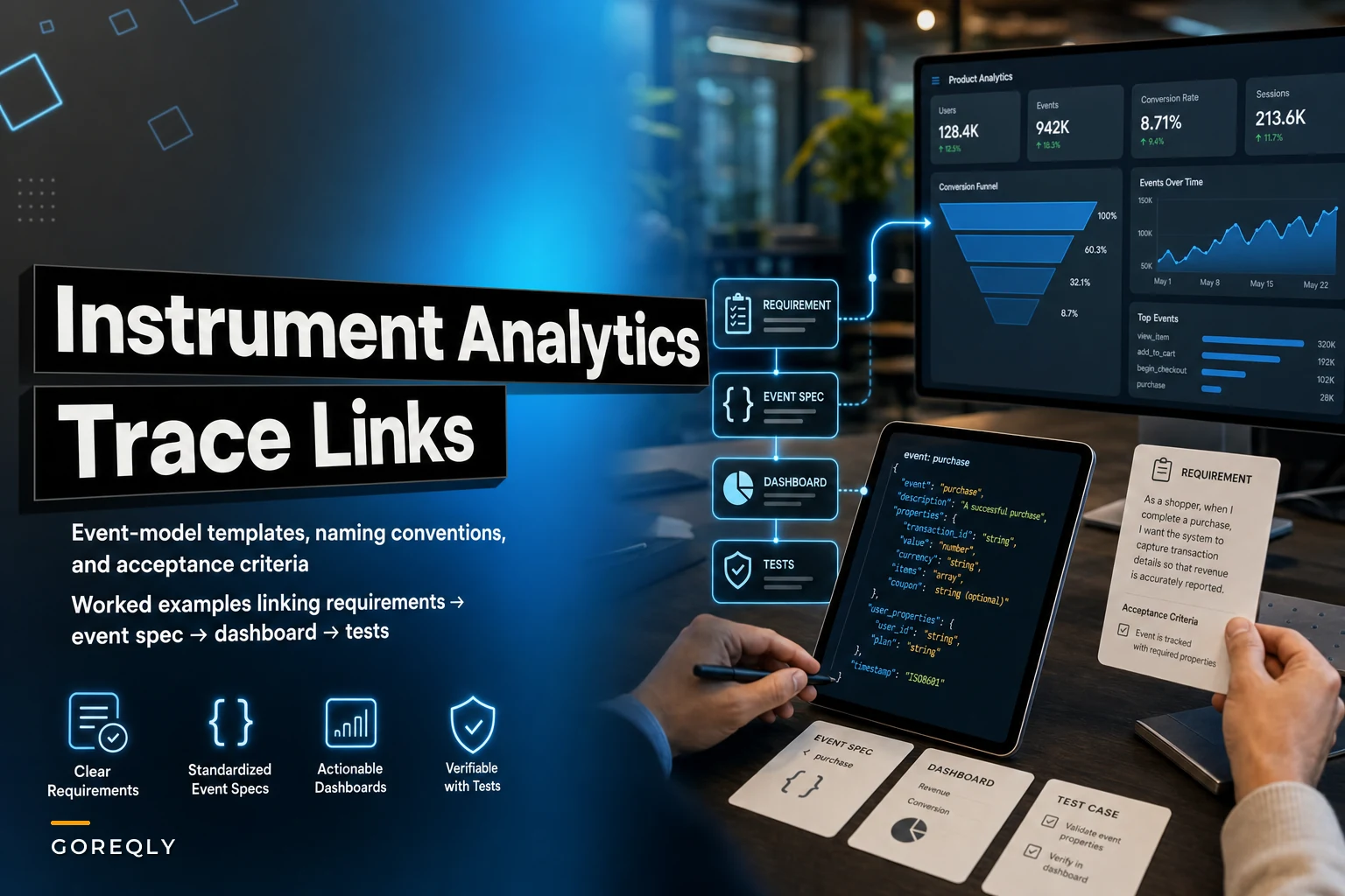 Instrument analytics as requirements: event-model templates and trace links to dashboards